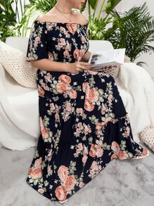 Mulvari Plus Floral Bardot Belted Maxi Layered Dress - Multicolor - View 4