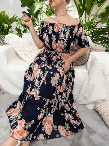 Mulvari Plus Floral Bardot Belted Maxi Layered Dress - Multicolor - View 5