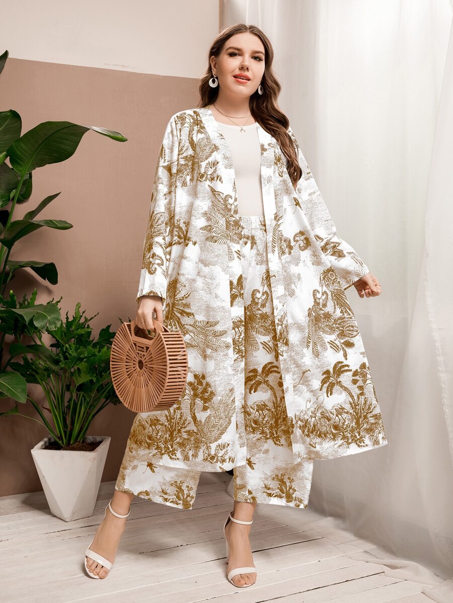 Mulvari Plus Crane And Plant Print Open Front Coat & Trousers - Multicolor - View 1