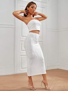 SHEIN PETITE Textured Crop Tube Top & Pencil Skirt - White - View 1