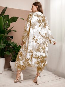 Mulvari Plus Crane And Plant Print Open Front Coat & Trousers - Multicolor - View 2