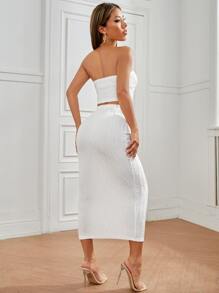 SHEIN PETITE Textured Crop Tube Top & Pencil Skirt - White - View 2