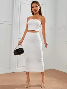 SHEIN PETITE Textured Crop Tube Top & Pencil Skirt - White - View 3