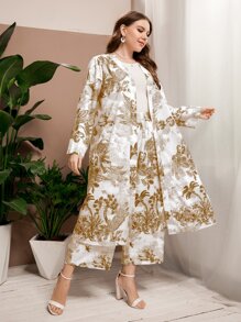 Mulvari Plus Crane And Plant Print Open Front Coat & Trousers - Multicolor - View 3