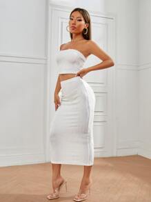 SHEIN PETITE Textured Crop Tube Top & Pencil Skirt - White - View 4