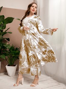 Mulvari Plus Crane And Plant Print Open Front Coat & Trousers - Multicolor - View 5