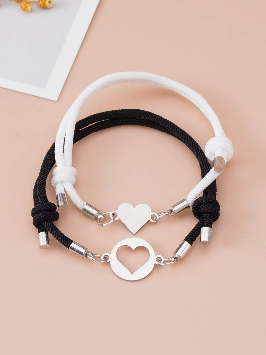 2 piezas Pulsera pareja redondo & con accesorio de corazón - Blanco y Negro - Ver 1