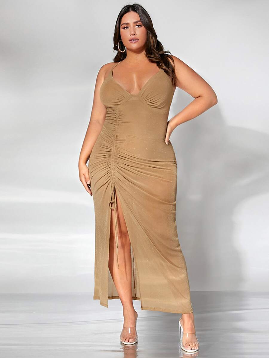 SHEIN Belle Plus Ruched Drawstring Split Thigh Bridesmaid Dress - Camel - View 1