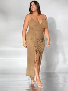 SHEIN Belle Plus Ruched Drawstring Split Thigh Bridesmaid Dress - Camel - View 4