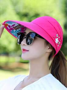 1 chiếc mũ chống nắng có thể gấp lại dành cho nữ có phần trên bằng lưới đính hạt, thích hợp cho những chuyến du lịch ngoài trời - Màu Hồng Tươi - Xem 1