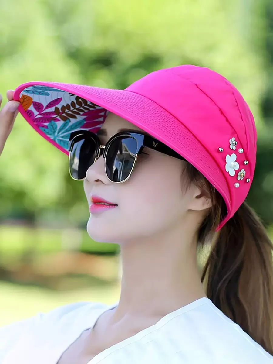 1 chiếc mũ chống nắng có thể gấp lại dành cho nữ có phần trên bằng lưới đính hạt, thích hợp cho những chuyến du lịch ngoài trời - Màu Hồng Tươi - Xem 1