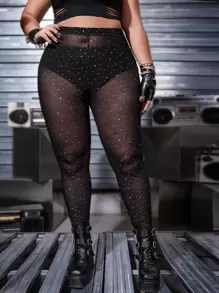 ROMWE PUNK Plus Sequin Mesh Leggings Without Panty - Black - View 2