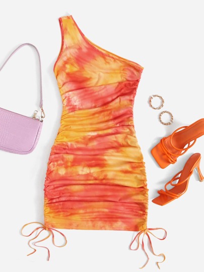 One Shoulder Drawstring Knot Ruched Tie Dye Dress