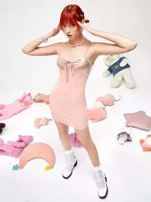 ROMWE Drawstring Cami Dress - Baby Pink - View 1