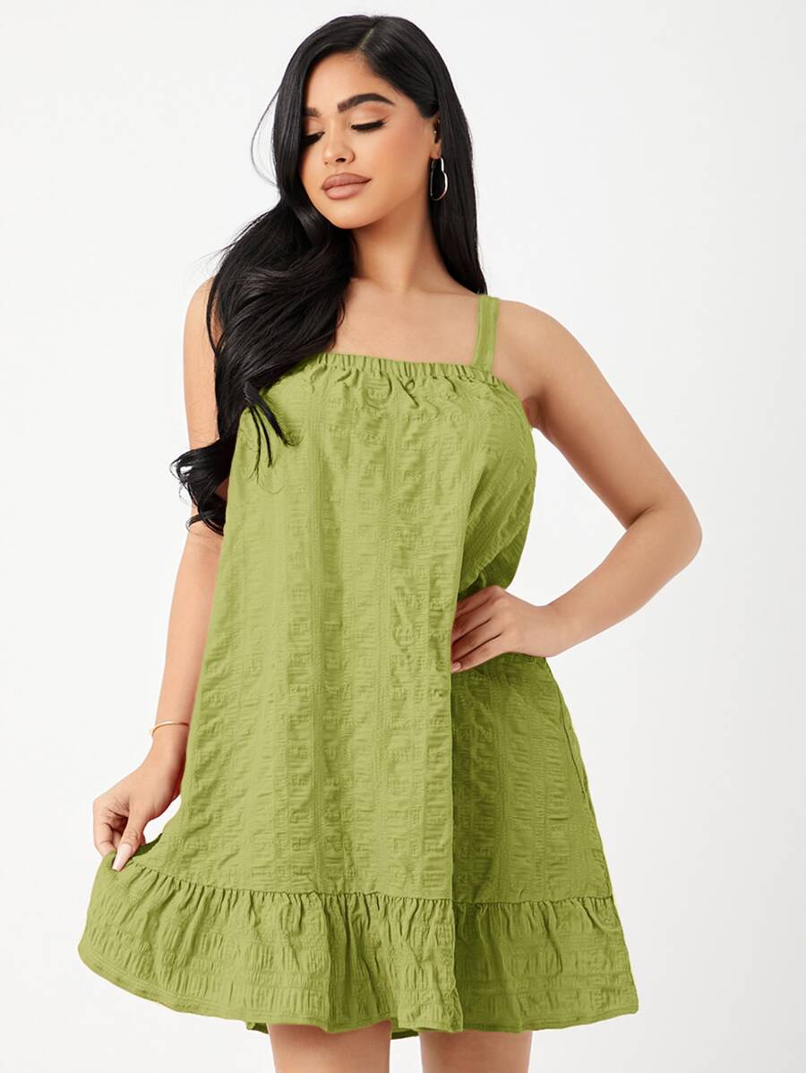 SHEIN VCAY 荷葉邊吊帶連衣裙 - 青檸色 - 查看 1