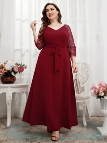SHEIN Belle Burgundy Red Plus Sequin Insert Embroidered Mesh Raglan Sleeve Belted Bridesmaid Dress - Burgundy - View 1