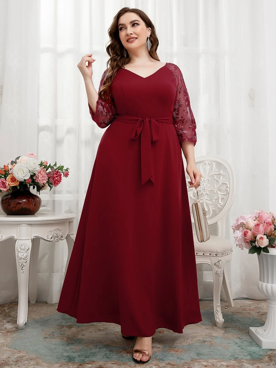 SHEIN Belle Burgundy Red Plus Sequin Insert Embroidered Mesh Raglan Sleeve Belted Bridesmaid Dress - Burgundy - View 1
