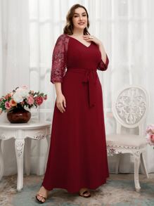SHEIN Belle Burgundy Red Plus Sequin Insert Embroidered Mesh Raglan Sleeve Belted Bridesmaid Dress - Burgundy - View 3