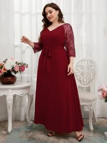 SHEIN Belle Burgundy Red Plus Sequin Insert Embroidered Mesh Raglan Sleeve Belted Bridesmaid Dress - Burgundy - View 4