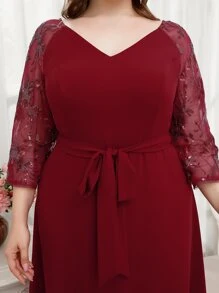 SHEIN Belle Burgundy Red Plus Sequin Insert Embroidered Mesh Raglan Sleeve Belted Bridesmaid Dress - Burgundy - View 6