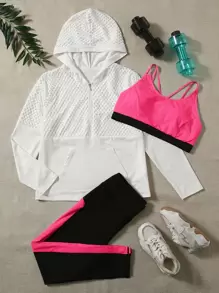 Plus 3pcs Lightweight Contrast Panel Hollow Out Half Zipper Hooded Sports Set - Multicolor - View 1
