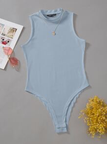 SHEIN Privé Summer Solid Ribbed Sleeveless Bodysuit - Dusty Blue - View 1