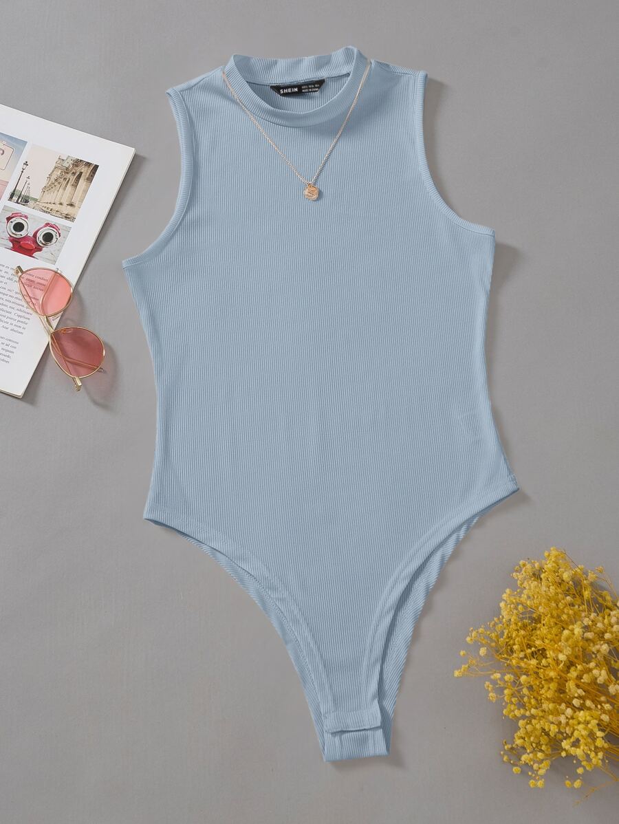 SHEIN Privé Summer Solid Ribbed Sleeveless Bodysuit - Dusty Blue - View 1