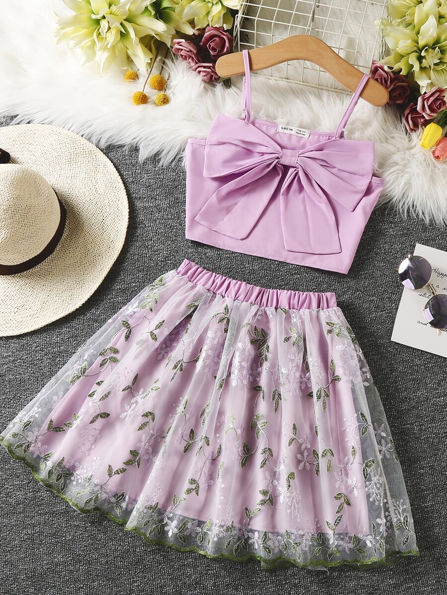 Girls Bow Front Cami Top & Embroidery Mesh Overlay Skirt - Lilac Purple - View 1