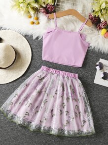 Girls Bow Front Cami Top & Embroidery Mesh Overlay Skirt - Lilac Purple - View 2