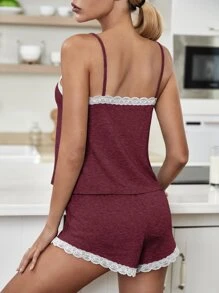 Contrast Lace Cami Top & Tie Front Shorts PJ Set / Pajama Set Holiday Season