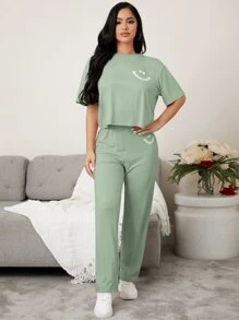 SHEIN Conjunto de pantalón y blusa de manga caída con gráfico de dibujos animados para estar en casa - verde menta - Ver 3