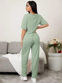 SHEIN Conjunto de pantalón y blusa de manga caída con gráfico de dibujos animados para estar en casa - verde menta - Ver 2