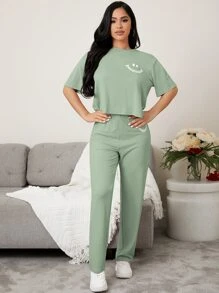 SHEIN Conjunto de pantalón y blusa de manga caída con gráfico de dibujos animados para estar en casa - verde menta - Ver 5