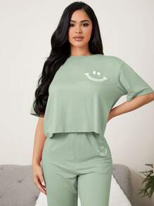 SHEIN Conjunto de pantalón y blusa de manga caída con gráfico de dibujos animados para estar en casa - verde menta - Ver 4