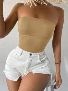 SHEIN SXY Solid Rib-knit Tube Top - Khaki - View 1