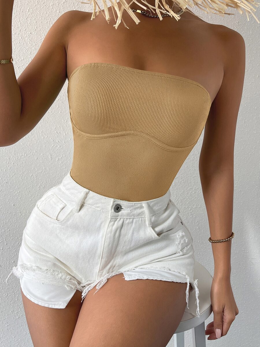 SHEIN SXY Solid Rib-knit Tube Top - Khaki - View 1