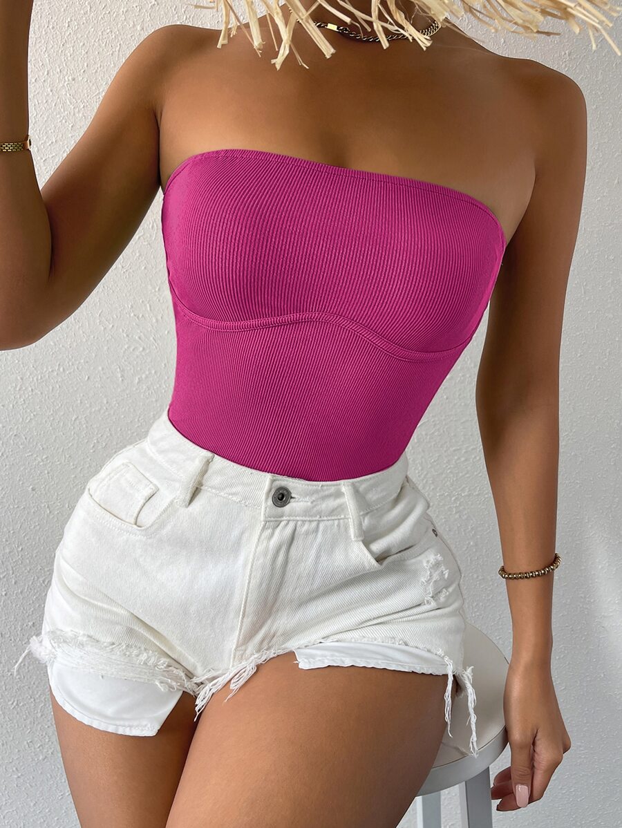 SHEIN SXY Solid Rib-knit Tube Top - Hot Pink - View 1