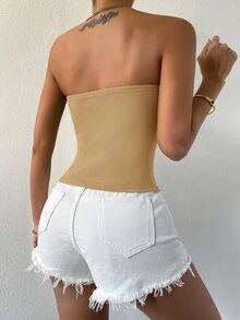 SHEIN SXY Solid Rib-knit Tube Top - Khaki - View 2