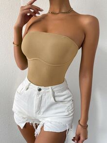 SHEIN SXY Solid Rib-knit Tube Top - Khaki - View 3
