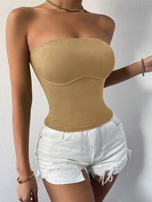 SHEIN SXY Solid Rib-knit Tube Top - Khaki - View 4