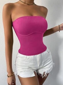 SHEIN SXY Solid Rib-knit Tube Top - Hot Pink - View 3