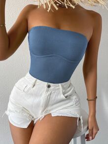 SHEIN Privé Solid Rib-knit Tube Top - Dusty Blue - View 1
