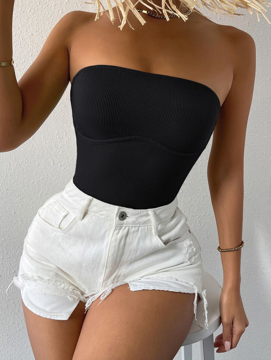 Chiquease Top bandeau unicolor tejido de canalé - Negro - Ver 1