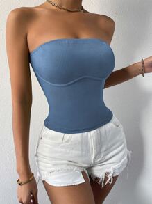 SHEIN Privé Solid Rib-knit Tube Top - Dusty Blue - View 3