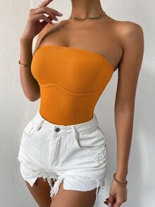 SHEIN SXY Solid Rib-knit Tube Top - Burnt Orange - View 3