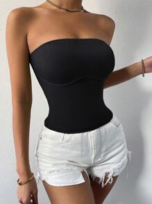 Chiquease Top bandeau unicolor tejido de canalé - Negro - Ver 4