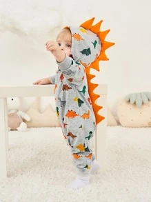 男嬰恐龍印花長袖連身褲，休閒風格 - 灰色 - 查看 1