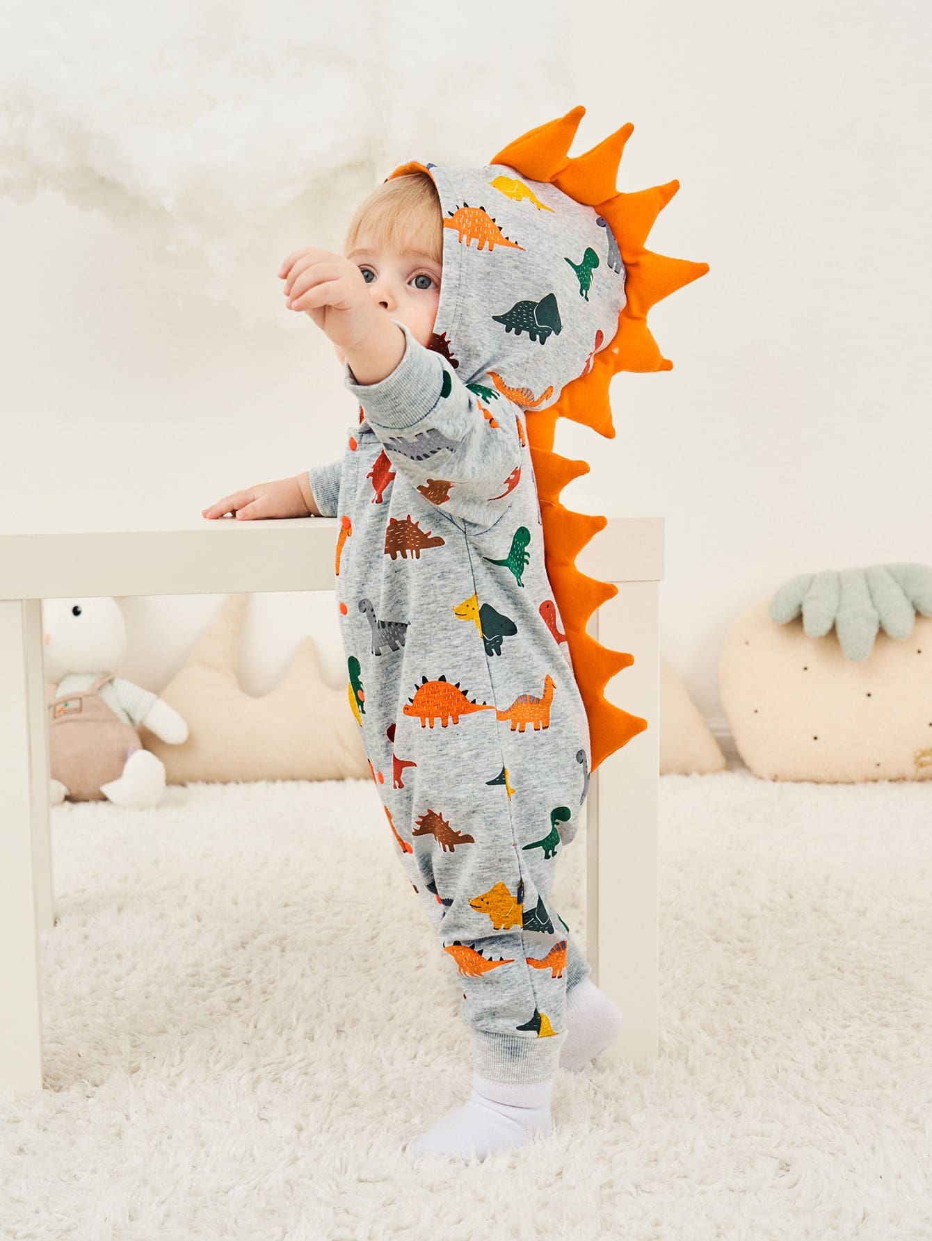 男嬰恐龍印花長袖連身褲，休閒風格 - 灰色 - 查看 1