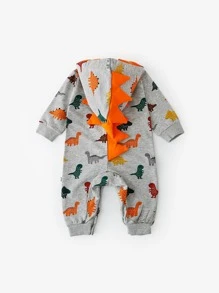 男嬰恐龍印花長袖連身褲，休閒風格 - 灰色 - 查看 2