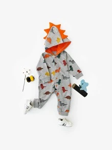 男嬰恐龍印花長袖連身褲，休閒風格 - 灰色 - 查看 3